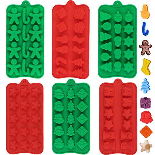 Silicone Chocolate Candy Molds - Set of 6 Christmas Shapes for Baking Jelly Soap, Candy Cane, Gingerbread Men, Chocolate, Party Decorations
