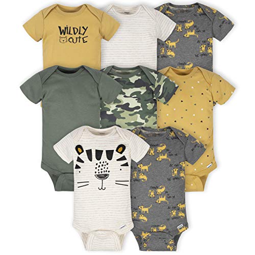 Gerber Baby Boy's 8-Pack Short Sleeve Onesies Bodysuits, Tiger Green, 3-6 Months