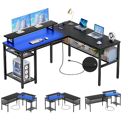 Unikito L Shaped Desk, Reversible Corner Computer Desk with Magic Power Outlets and Smart LED Light, Unique Grid Design, 55 Inch Office Desk with Monitor Stand and Storage Shelf, Black