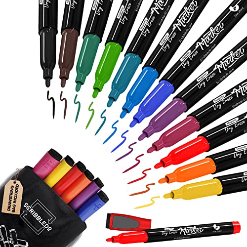 Scribbledo Magnetic Dry Erase Markers, Fine Tip, Assorted Colors, Low Odor, with Eraser Cap, Thin Whiteboard Markers for Adults, Students, Teachers, Kids (12 Pack)