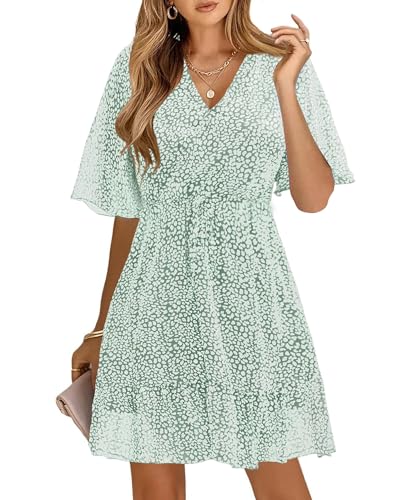KIRUNDO Summer Dresses for Women 2024 Spring Casual Short Sleeve V Neck Ruffle Floral Print High Waist Flowy Mini Dress with Belt(Medium, Green)