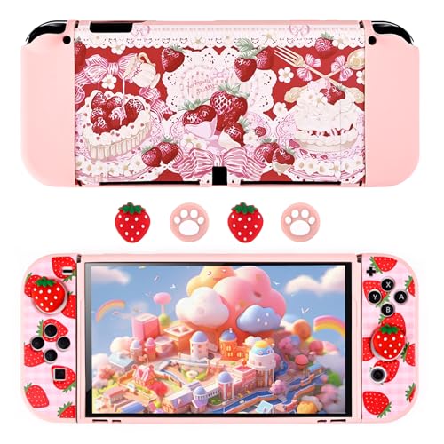DLseego Dockable Case Design for Switch OLED Console 2021, Anti-Slip Shock-Absorption Protective Soft Carrying Case and Joy Con Controller with 4 PCS Thumb Grip Caps-Red Strawberry Cake