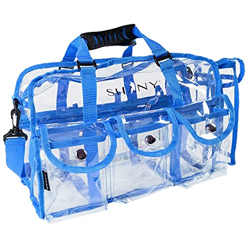 SHANY Clear PVC Makeup Bag - Large Professional Makeup Artist Rectangular Tote with Shoulder Strap and 5 External Pockets - BLUE