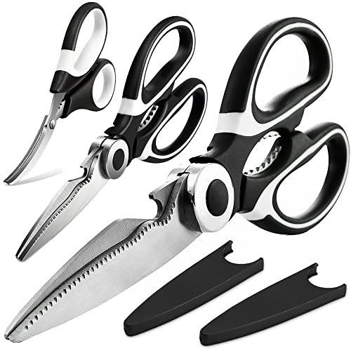 OMDAR Food Grade Kitchen Scissors 3 Pack- Lifetime Replacement Warranty -Heavy Duty Stainless Steel Cooking Shears for Cutting Meat, Food, Fish, Poultry Multipurpose Sharp Sissors for Dishwasher Safe