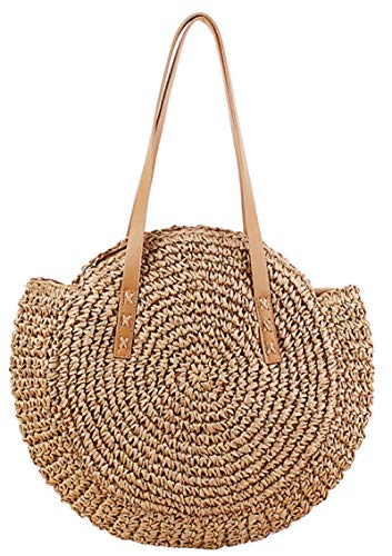 XMLMRY Straw Handbags Women Handwoven Round Corn Straw Bags Natural Chic Hand Large Summer Beach Tote Woven Handle Shoulder Bag (Khaki)