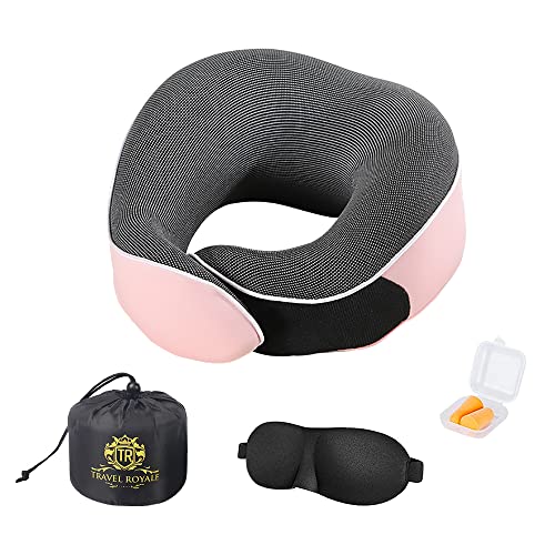 Travel Royale Neck Pillow Head, Chin, Neck 360° Support Pillow Adjustable 100% Pure Memory Foam Pillow for Airplanes, Car & Home, Ergonomic Design Full Neck Surround Bundle Eyecover & Earplugs (Pink)