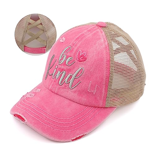 C.C Exclusives Washed Distressed Embroidered Patch Cotton Denim Criss-Cross Ponytail Hat Adjustable Baseball Cap (BT-1007) (A Crossed Elastic Band-Be Kind_Pink)