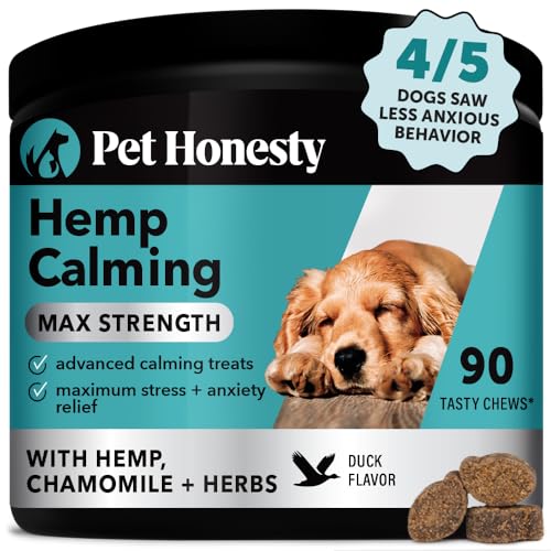 Pet Honesty Hemp Calming Chews for Dogs Max Strength- Dog Anxiety Relief, Dog Calming Treats with Hemp + Valerian Root, Melatonin for Dogs - Helps Aid with Thunder, Fireworks, Chewing & Barking (Duck)