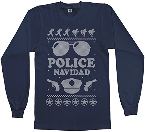 Threadrock Men's Police Navidad (Ugly Sweater) Long Sleeve T-shirt L Navy
