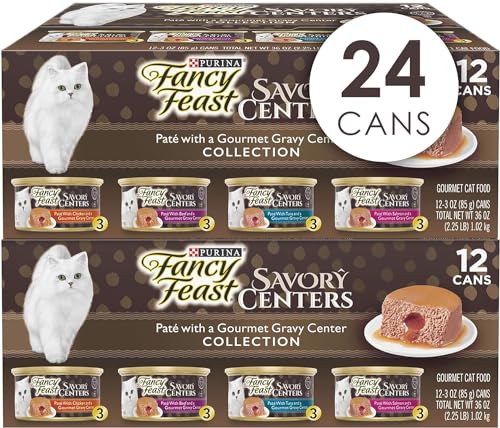 Purina Fancy Feast Pate Wet Cat Food Variety Pack, Savory Centers Pate With a Gravy Center (2 Packs of 12) 3 oz. Pull-Top Cans