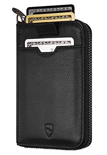 Vaultskin NOTTING HILL Minimalist Leather Zipper Wallet for Women and Men: Slim Multi Cardholder with RFID Blocking and Keychain Ring (Black)