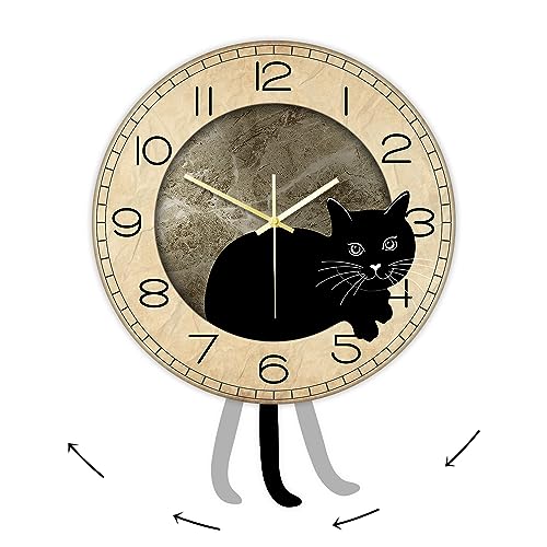 Timethink Black Cat Pendulum Wall Clock, Funny Cat Swinging Clock with Moving Tail Silent Non Ticking Battery Operated Creative DIY Cat Acrylic Wall Clock with Pendulum Swing Tail Gift for Cat Lovers
