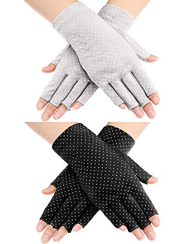 Maxdot Fingerless Gloves Non Slip UV Protection Driving Gloves Summer Outdoor Gloves for Women and Girls (Black and Gray,2 Pairs)