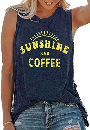 Tank Tops for Women Summer Sunshine and Coffee Graphic T-Shirts Sleeveless Casual Ladies Loose Tunic Blouse(Sunshine Deep Blue,M)