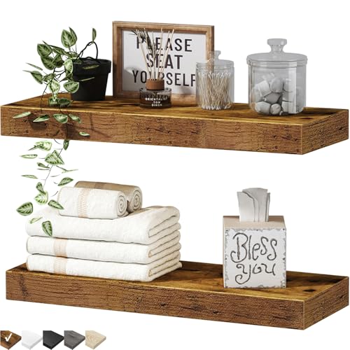 QEEIG Bathroom Floating Shelves for Wall - Shelf Over Toilet Small Wall Mounted Farmhouse Decor 16 inch Set of 2, Rustic Brown (008-40BN)