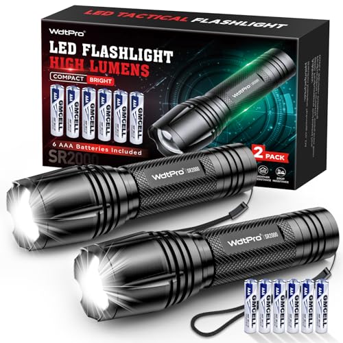 WdtPro LED Flashlight High Lumens SR2000 Pro - 2 Pack Brighter 3000 Lumens Tactical Flashlights with 5 Modes & Zoomable - Powerful Mini Flash Light for Emergency, Camping, Hiking