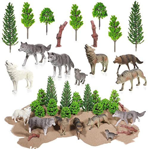 Sratte 26 Pcs Woodland Wolf Figurines Toys Model Trees Kit with Wolf Figurine Wolf Toy Playset Diorama Project Kit Cake Toppers for Kids Toddlers Birthday Gift Decor(Wolf Style)