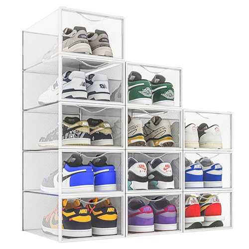 12 Pack Shoe Storage Bins, Clear Plastic Stackable Shoe Organizer for Closet, Space Saving Foldable Shoe Rack, Shoe Box Sneaker Holder Container