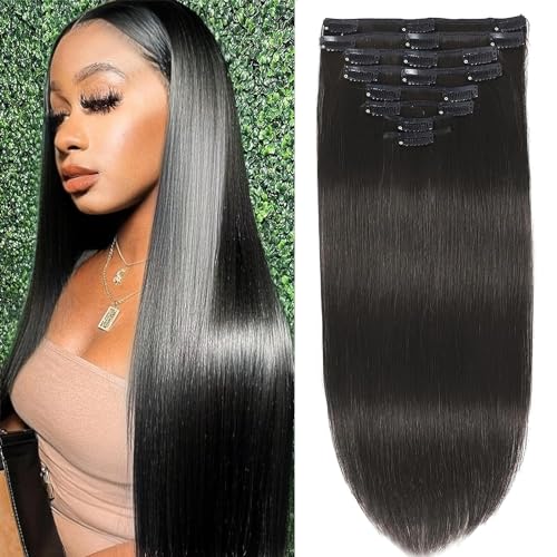 Clip in Hair Extensions Real Human Hair Clip ins Remy Human Hair Clip in Extensions Black Women Invisible Natural Straight Seamless Clip on Hair Extensions 8pcs Double Weft #1B 16 Inch 2.8oz/80g