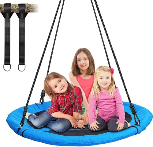 Trekassy 700lb 40 Inch Saucer Tree Swing for Kids Adults 900D Oxford Waterproof with 2pcs Tree Hanging Straps, Steel Frame and Adjustable Ropes Blue