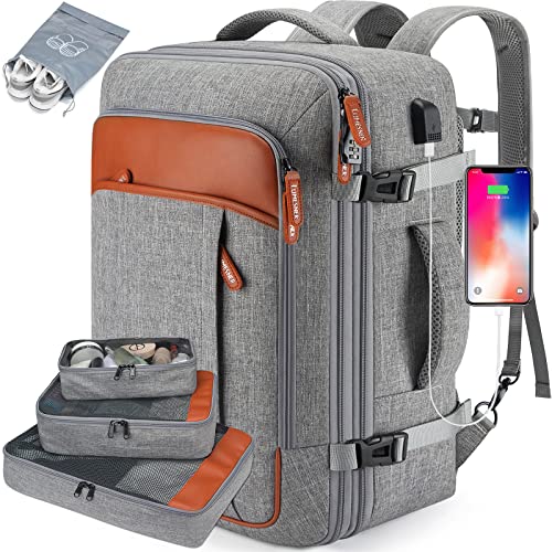 Lumesner Carry on Backpack, Extra Large 40L Flight Approved Travel Backpack for Men & Women,Expandable Large Suitcase Backpacks With 4 Packing Cubes,Water Resistant Luggage Daypack Weekender Bag,Grey