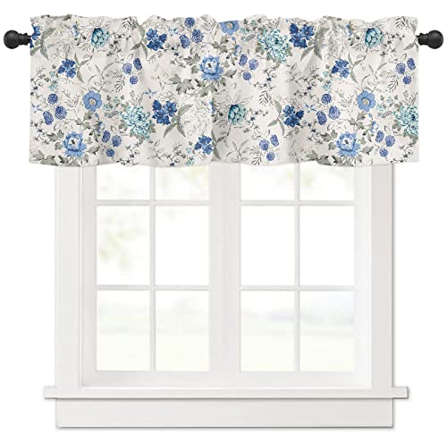 Spring Summer Blue Floral Curtain Valances for Kitchen Window Farmhouse Gray White French Country Rod Pocket Valance Windows Treatments 1 Panel Short Curtains 54x18 Inch for Bedroom Bathroom Decor