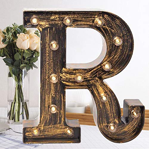 OYCBUZO Golden Black Led Marquee Letter - Industrial, Vintage Style Light Up Alphabet Letter Sign for Cafe Wedding Birthday Party Christmas Lamp Home Bar Initials Decor - R