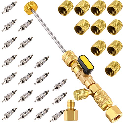 Mudder R22 R134a R12 A/c HVAC Valve Core Removal Tool Compatible with Dual Size 1/4 & 5/16 Port, R410 R32 Brass Adapter, 20 Pcs Cores and 10 Pcs Brass Nut HVAC Valve Core Removal Installer Tool Kit