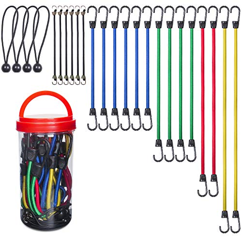 EFFICERE 24-Piece Premium Bungee Cord Assortment in Storage Jar - Includes 10”, 18”, 24”, 32”, 40” Bungee Cords and 8” Canopy/Tarp Ball Ties