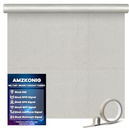 AMZKONIG Faraday Fabric 43” x 118”, Military Grade Signal Blocking Cloth Shields, Conductive Material Cover for WiFi, Cell, Bluetooth, RFID, EMP Protection with Faraday Tape