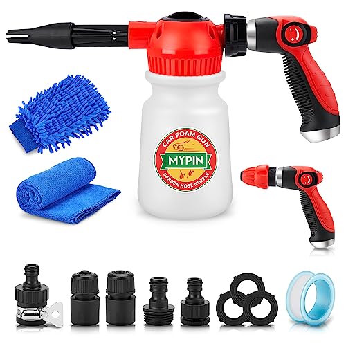 New Rotary Dial 16 IN 1 Car Wash Foam Gun,Foam Cannon, Adjustable Hose Wash Sprayer with 2.5-6 Bars Foam Blaster, with Nozzles,Wash Mitten &Towel,for Car Cleaning& Garden Use with 1/2” Quick Connector