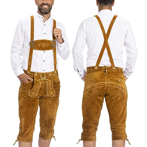 BAVARIA TRACHTEN Lederhosen Men - Genuine Leather Authentic German Lederhosen for Men - Leiderhausen for Men - German Leather Pants - Light Brown - Kneebound (Long)