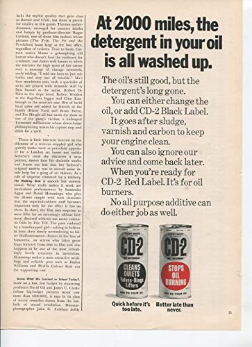 CD-2 OIL DETERGENT AND TREATMENT AT 2000 MILES THE DETERGENT IN YOUR OIL IS ALL WASHED UP GOES AFTER SLUDGE VARNISH AND CARBON 1970 ANTIQUE VINTAGE ADVERTISEMENT