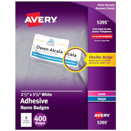 Avery Flexible Printable Name Tags, 2-1/3' x 3-3/8', Matte White, 400 Removable Name Badges (05395)