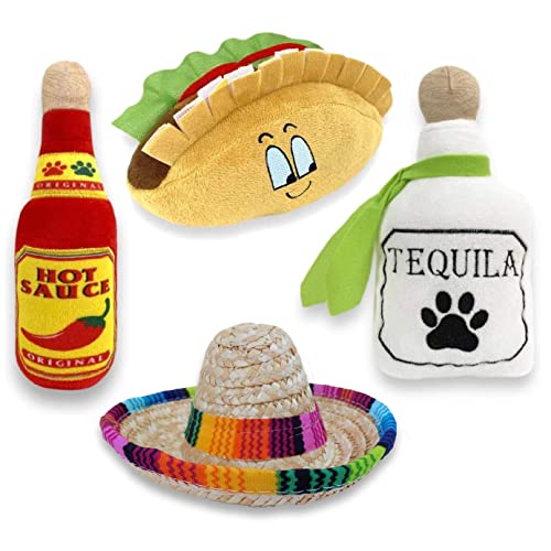 Baja Ponchos 4 Pack Fiesta Dog Chew Toys and Sombrero - Mexican Squeak Plush Toys - Dog Gifts for Chihuahuas - Taco - Tequila - Hot Sauce - for All Breeds
