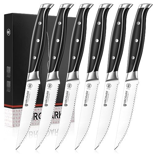 BRODARK Steak Knives, Serrated Steak Knives Set of 6 with Full Tang Handle, Dishwasher Safe Stainless Steel Steak Knife Set, NSF Certified, Steel-King Series