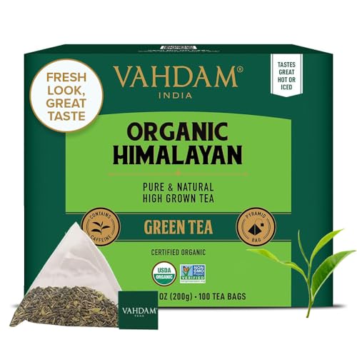 VAHDAM, Organic Green Tea Leaves From Himalayas (100 Plant Based Pyramid Tea Bags) USDA Organic, Non GMO, Gluten Free, High Grown | Whole Loose-Leaf Tea Bags | Resealable Ziplock Pouch