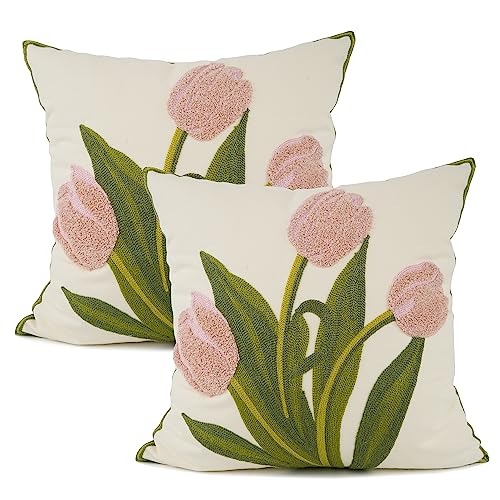 YOUR SMILE Pack of 2 Embroidered Decorative Throw Pillow Cover 18x18 Inch Farmhouse Floral Floor Pillowcase for Couch Living Room Sofa Bed,Pink Tulip