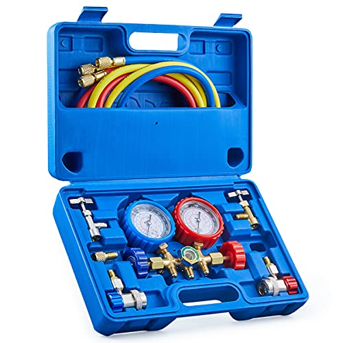 Orion Motor Tech AC Gauges, AC Manifold Gauge Set for R134a R12 R502 Refrigerant, 3 Way Car with 5FT Hoses Couplers & Adapter, Puncturing & Self Sealing Can Tap Freon Charge Kit