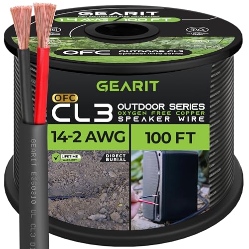 GearIT 14/2 Speaker Wire (100 Feet) 14AWG Gauge - Outdoor Direct Burial in Ground/in Wall / CL3 CL2 Rated / 2 Conductors - OFC Oxygen-Free Copper, Black 100ft