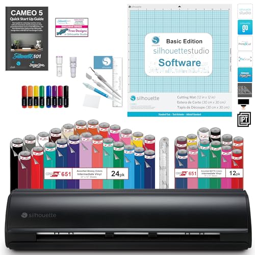 Silhouette Cameo 5 Vinyl Bundle- 36 Sheets of Vinyl, Vinyl Tool Kit, Premium Blade, Pens, and Cameo 5 Start Up Guide with Extra Designs (Matte Black)