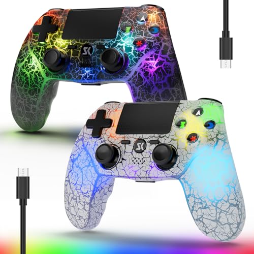 2 Pack Wireless Controller for PS4, LED Backlit Controllers for Sony PlayStation 4, Double Shock 6-Axis Motion Sensor, 1000mAh Battery, Adjustable RGB Backlight, White+Black