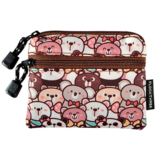 FLOCK THREE Small Coin Purse Pouch for Women with Zipper Mini Change Wallet Credit Card Holder Keychain Bag Cute Ladies Key Card Cases Money Organizers for Boys Girls (Fortune Bear)