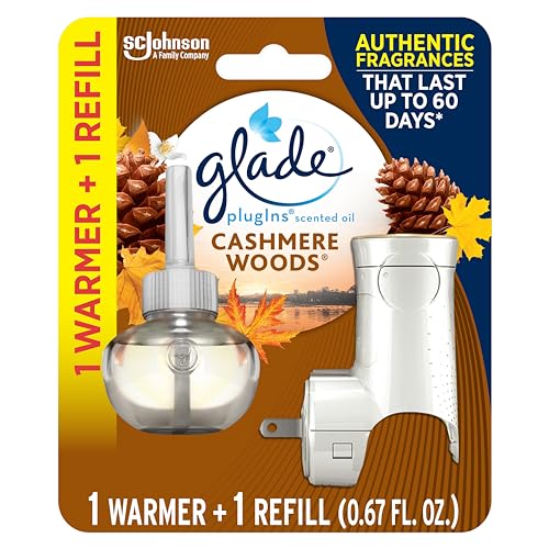 Glade PlugIns Refills Air Freshener Starter Kit, Scented and Essential Oils for Home and Bathroom, Cashmere Woods, 0.67 Fl Oz, 1 Warmer + 1 Refill