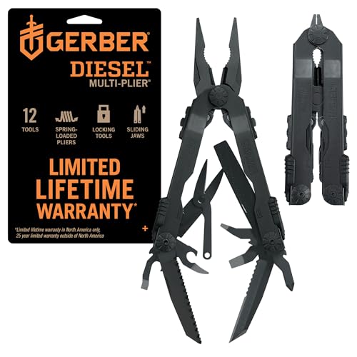 Gerber Gear Diesel Multi-Plier Needle Nose Pliers Set Multi-Tool - 12-in-1 EDC Gear Multi-Tool Knife - Survival Gear and Equipment - Black