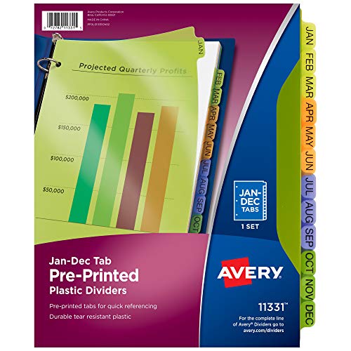 Avery Pre-Printed Jan-Dec Plastic Dividers for 3 Ring Binders, 12-Tab Set, Multicolor, 1 Set (11331)