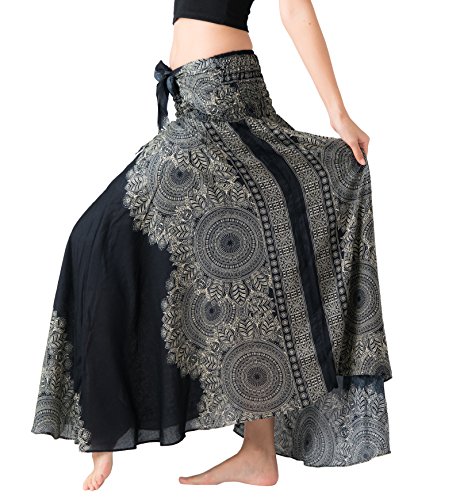 Long Skirts for Women Maxi Boho Skirt Hippie Clothes Bohemian Print (Hippierose Black, One Size)