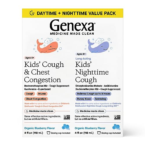 Genexa Kids' Day & Night Cough Combo Pack | Childrens Liquid Daytime Cough & Chest Congestion Relief | Nighttime Cough Suppressant + Runny Nose & Sneezing Relief for Kids 6+ | Blueberry Flavor, 4 FLOz