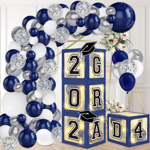 DAZONGE Navy Blue Graduation Decorations Class of 2024 - Set of 4 Graduation Balloon Boxes with 139pcs Balloon Arch Garland Kit & 4 Lighted Strings - So Proud of You 2024 Graduation Decorations