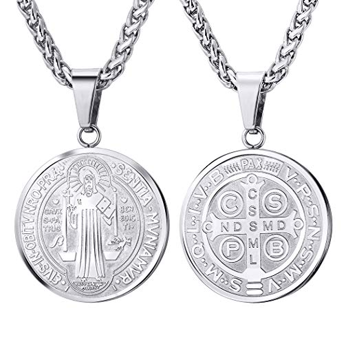 U7 Jewelry Stainless Steel Catholic Jewelry Round Coin Medal Pendant Saint Benedict Necklace for Men Women